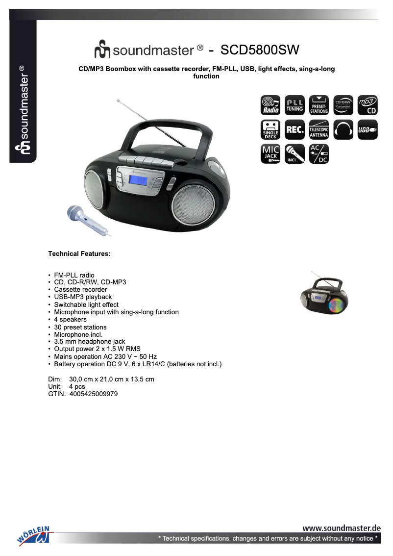 Page n°1 - Fiche technique Soundmaster SCD5800