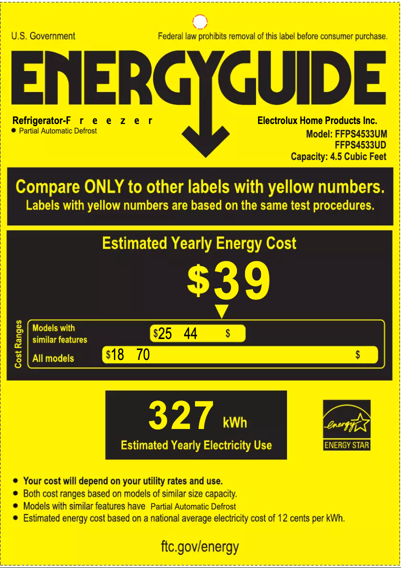 Page n°1 - Label énergétique Frigidaire FFPS4533UM