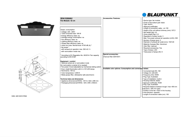 Page 1 de la notice Fiche technique Blaupunkt 5DA15260AU