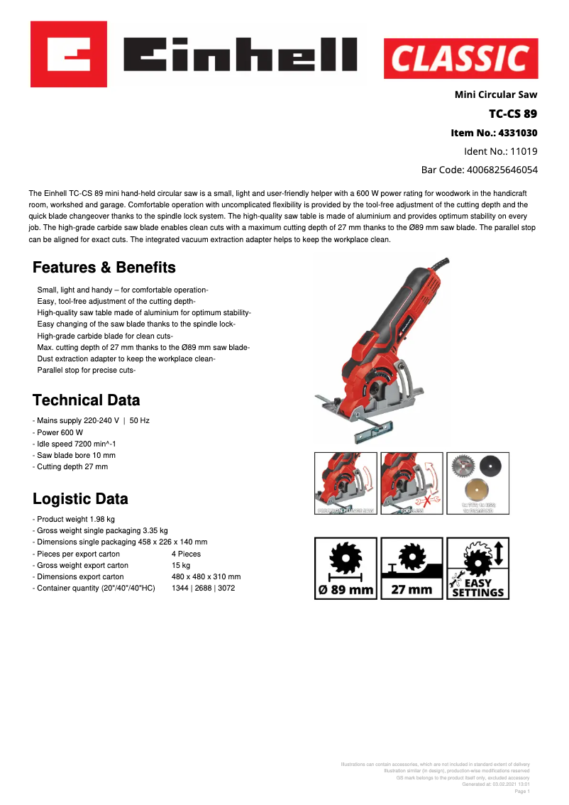 Página 1 del manual Ficha técnica Einhell TC-CS 89