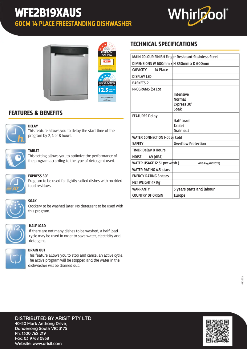 Página 1 del manual Ficha técnica Whirlpool WFE2B19XAUS