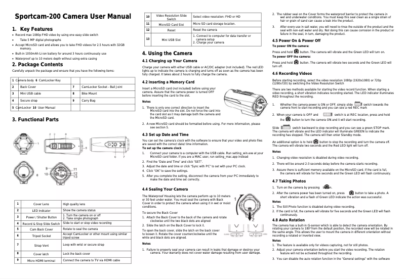 Page n°1 - Manuel utilisateur Lenco Sportcam-200