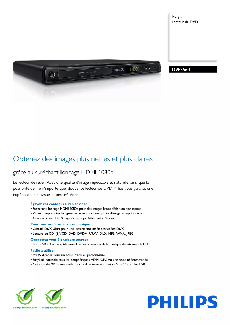 Página 1 del manual Ficha técnica Philips DVP3560