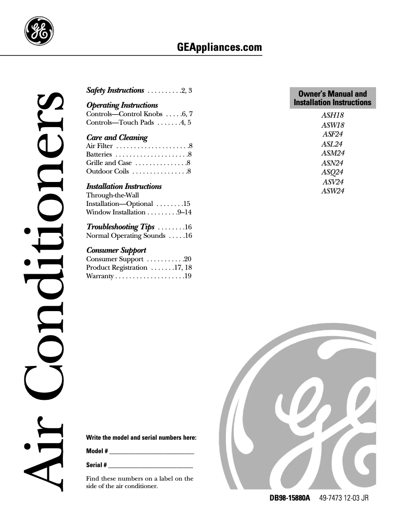 Page 1 de la notice Guide d'installation GE ASM24DE