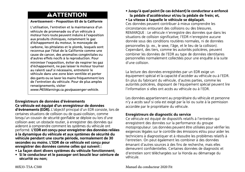 Page 1 de la notice Manuel utilisateur Honda Fit (2020)