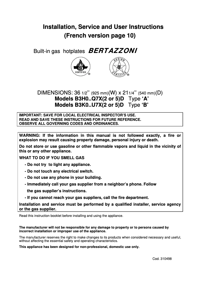 Page 1 de la notice Manuel utilisateur Bertazzoni DB36 6 00 X