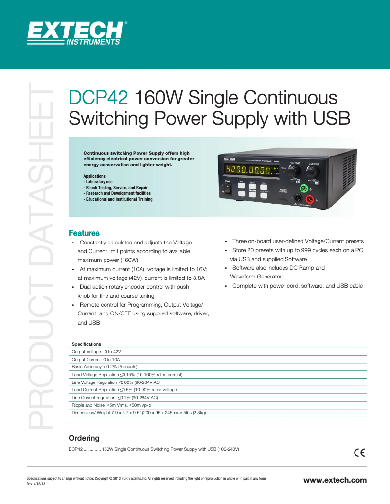 Page 1 de la notice Fiche technique Extech DCP42