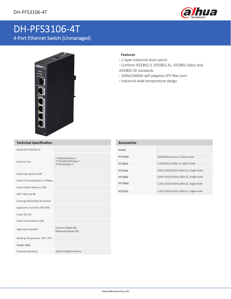 Page 1 de la notice Fiche technique Dahua Technology PFS3106-4T
