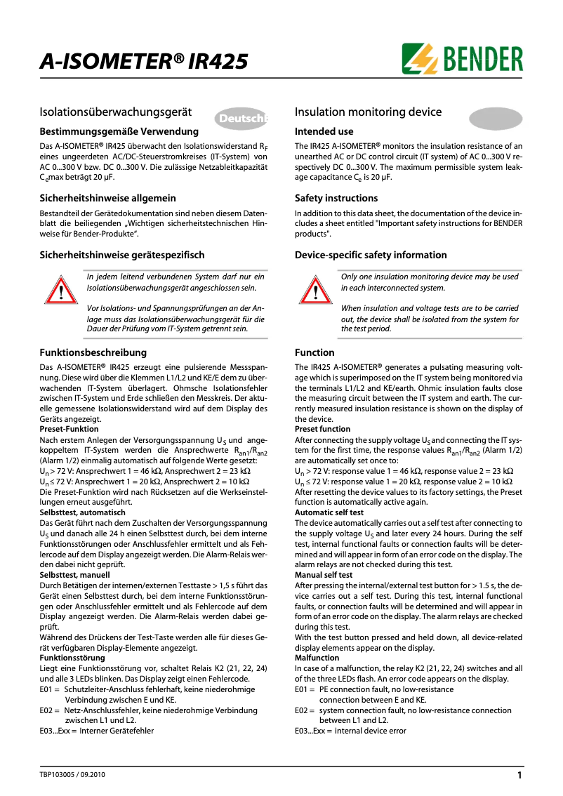 Page n°1 - Manuel utilisateur Bender A-ISOMETER IR425