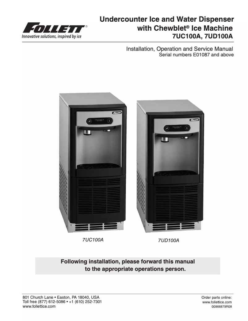 Page 1 de la notice Manuel d'utilisation et d'entretien Follett 7UD100A-IW-CF-ST-00