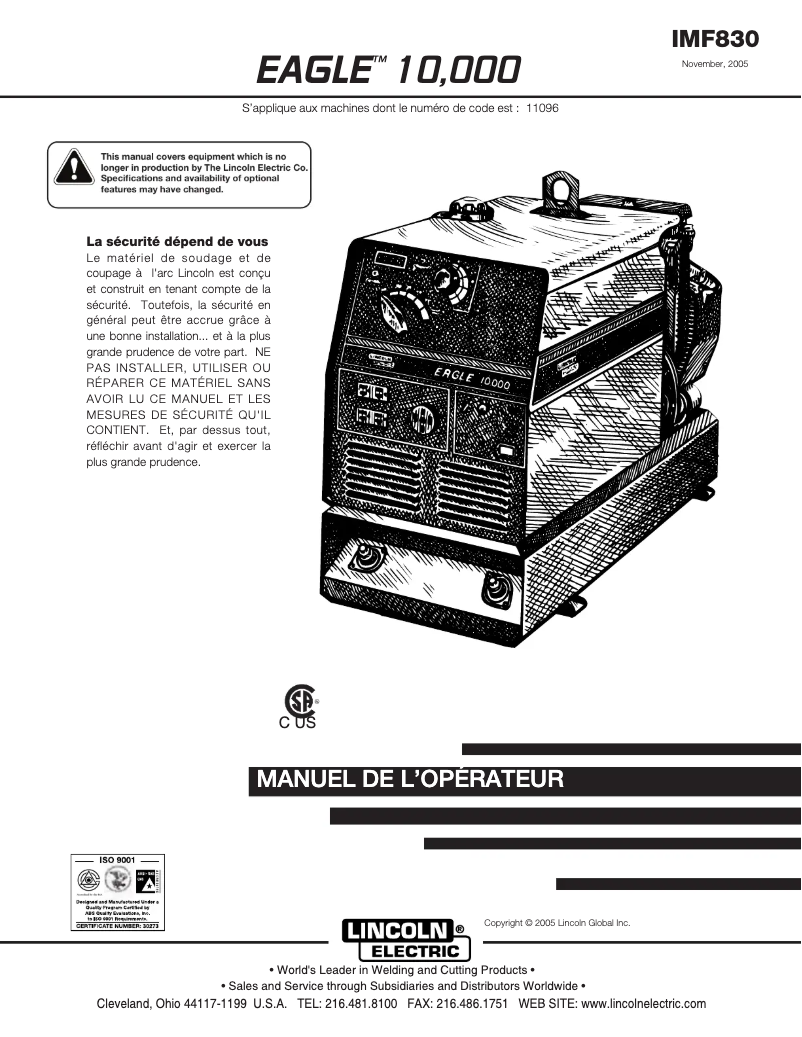 Page 1 de la notice Manuel utilisateur Lincoln Electric EAGLE 10,000 Plus