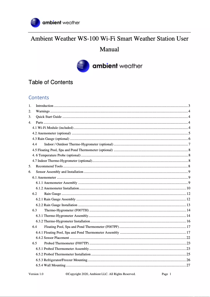 Page n°1 - Manuel utilisateur Ambient Weather WS-100