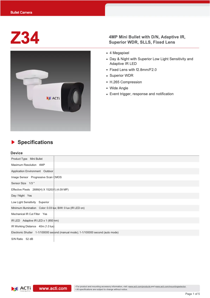 Page 1 de la notice Fiche technique ACTi Z34