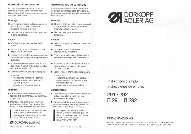 Page n°1 - Manuel utilisateur Dürkopp Adler 292
