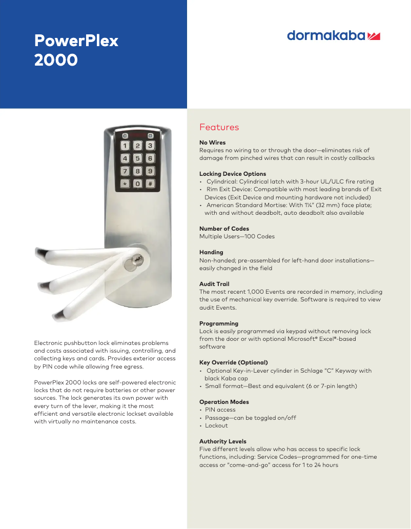 Page 1 de la notice Fiche technique Dormakaba PowerPlex 2000