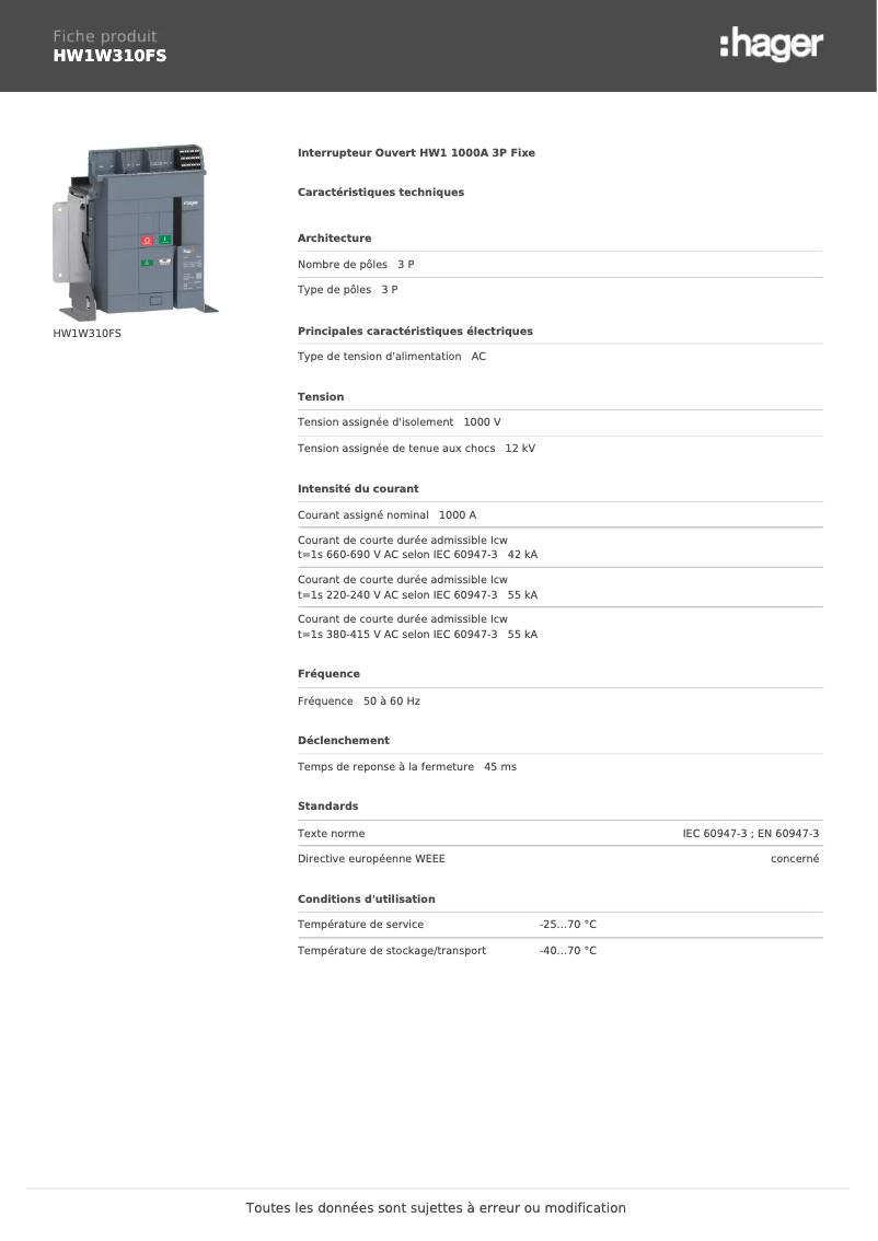 Image de la première page du manuel de l'appareil HW1W310FS