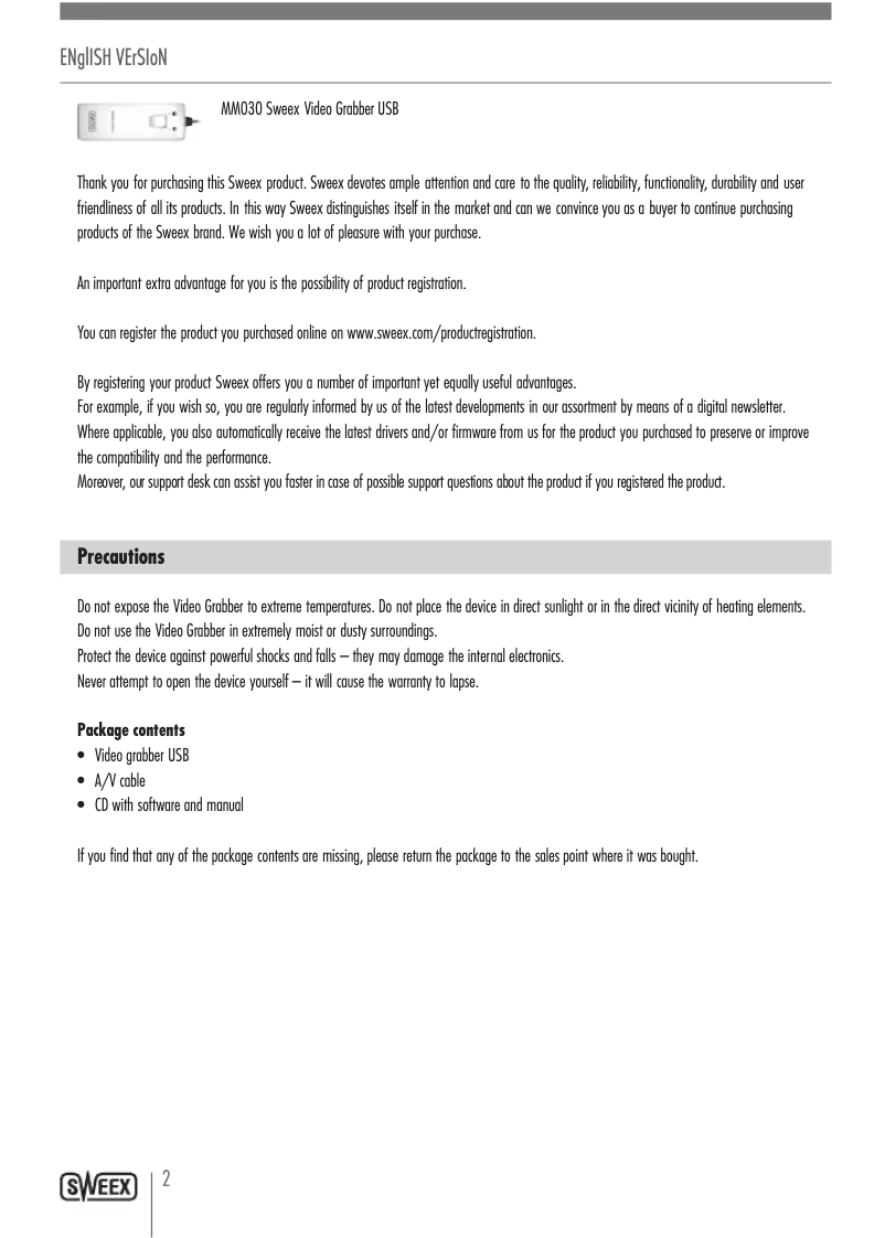 Page 1 de la notice Manuel utilisateur Sweex MM030