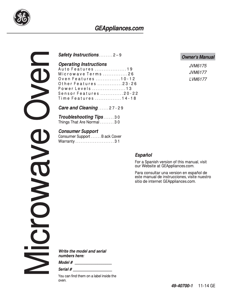 Page n°1 - Manuel d'utilisation et d'entretien GE JVM6175RFSS