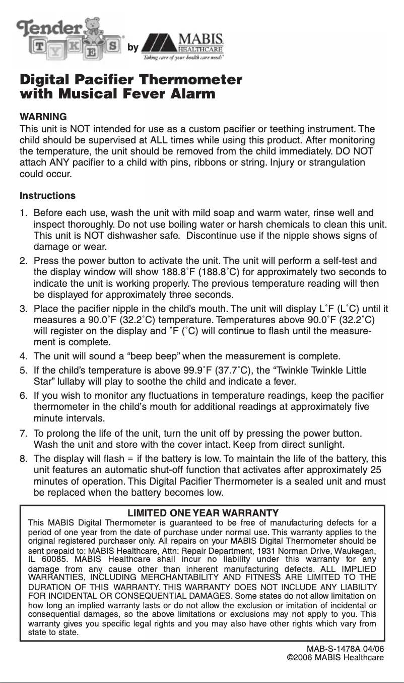 Page 1 de la notice Manuel utilisateur Mabis Tender Tykes