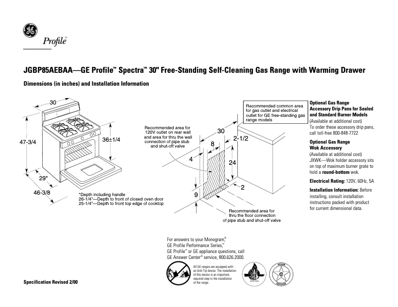Page n°1 - Fiche technique GE Profile Spectra JGBP85AEBAA