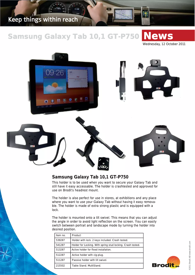 Page 1 de la notice Manuel utilisateur Brodit MultiStand Samsung Galaxy Tab 10.1