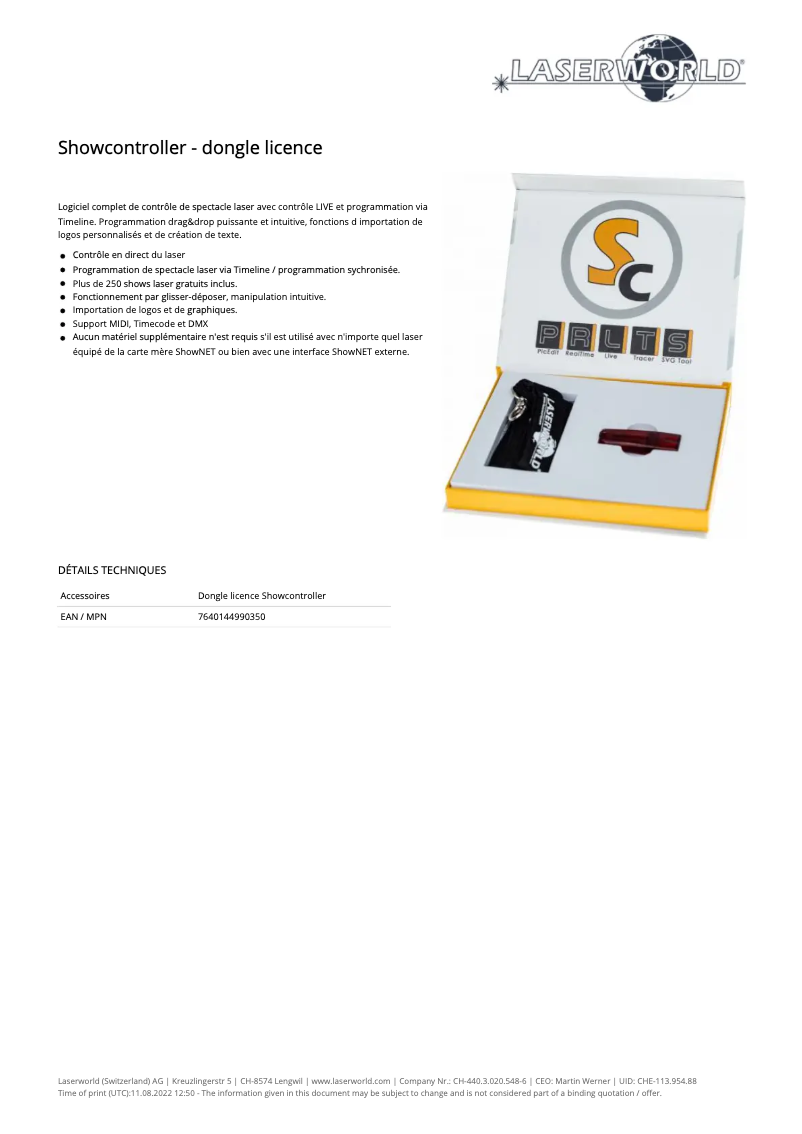 Page 1 de la notice Fiche technique Laserworld Showcontroller PLUS