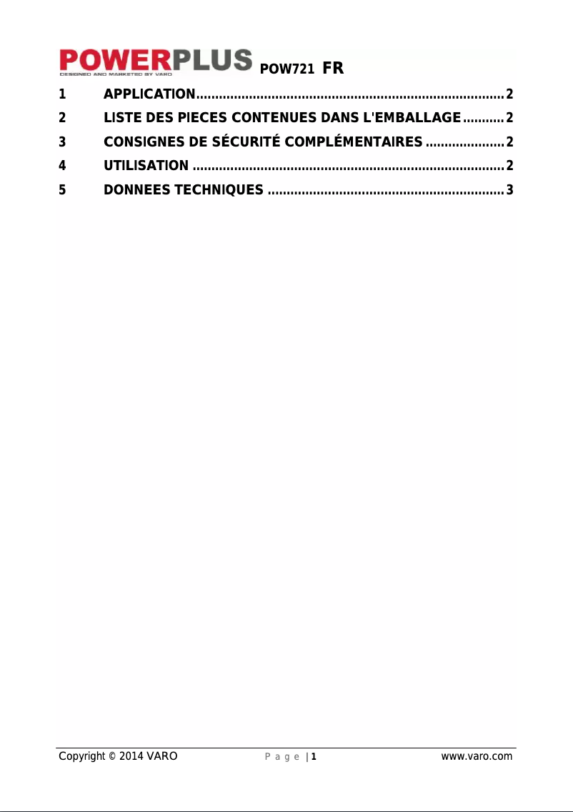 Page 1 de la notice Manuel utilisateur PowerPlus POW721