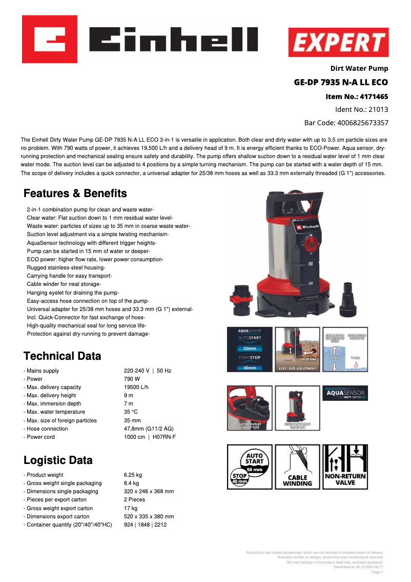 Page 1 de la notice Fiche technique Einhell GE-DP 7935 N-A LL ECO