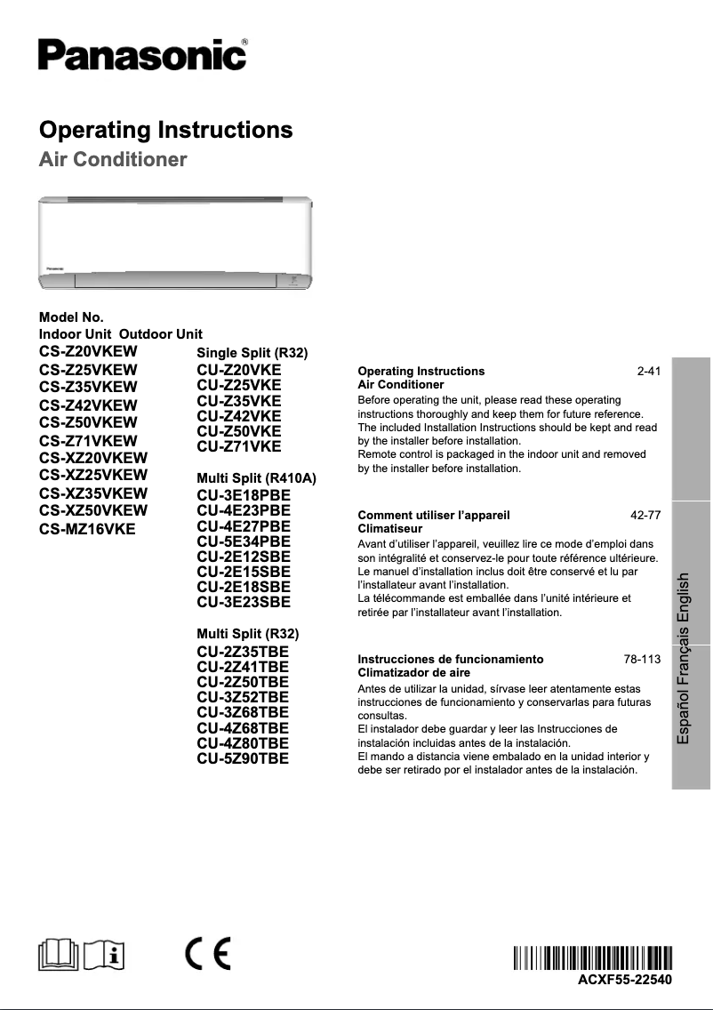 Page 1 de la notice Manuel utilisateur Panasonic CS-Z71VKEW