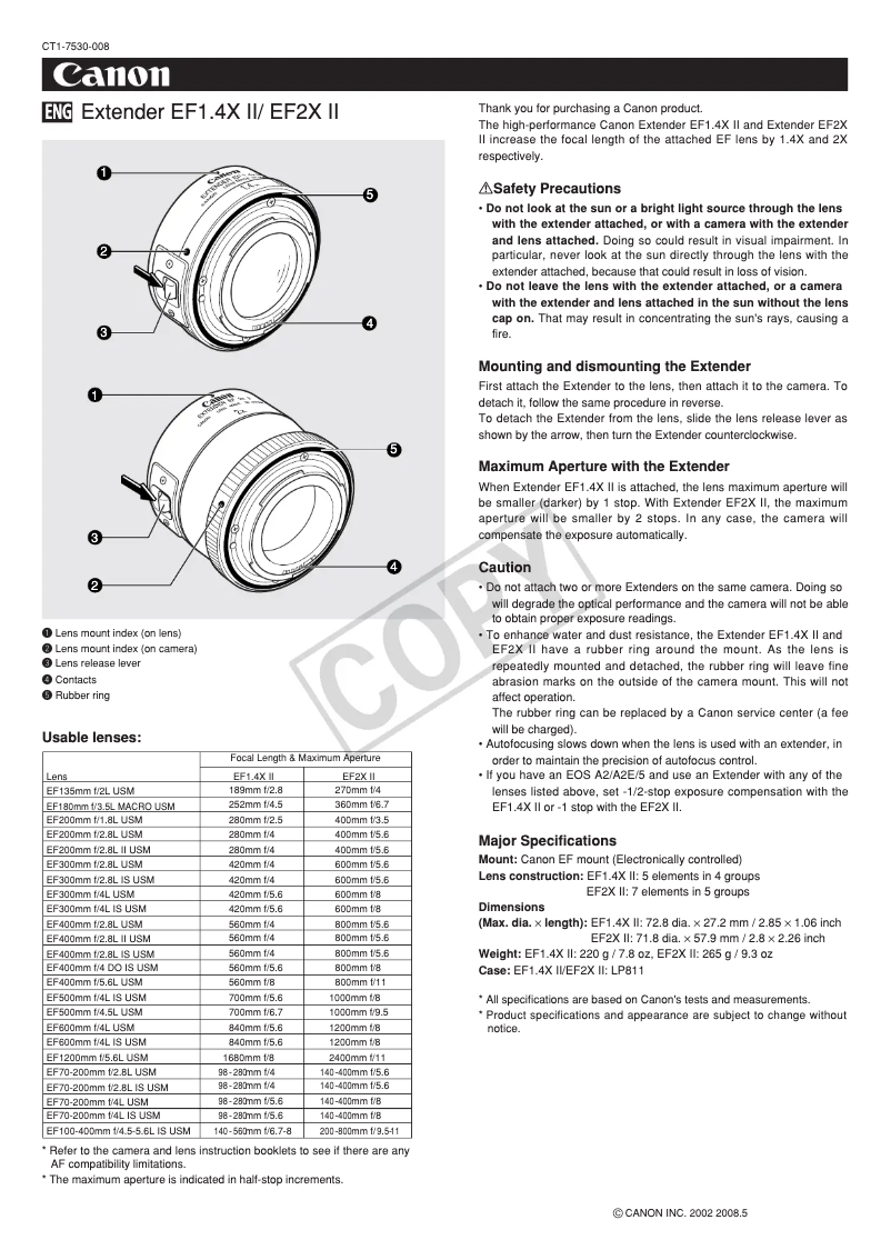 Page 1 de la notice Manuel utilisateur Canon Extender EF 2x II