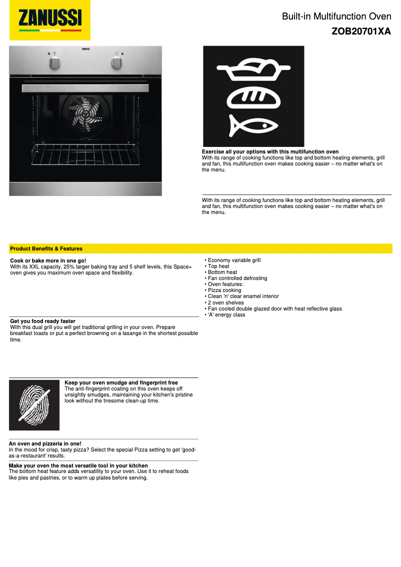 Page 1 de la notice Fiche technique Zanussi ZOB20701XA