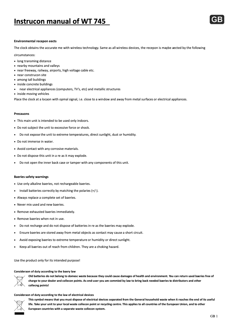 Page 1 de la notice Manuel utilisateur Techno Line WT 745