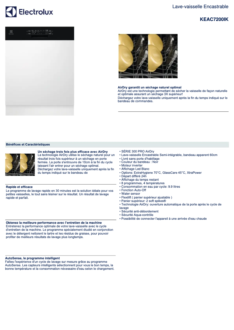 Page 1 de la notice Fiche technique Electrolux KEAC7200IK