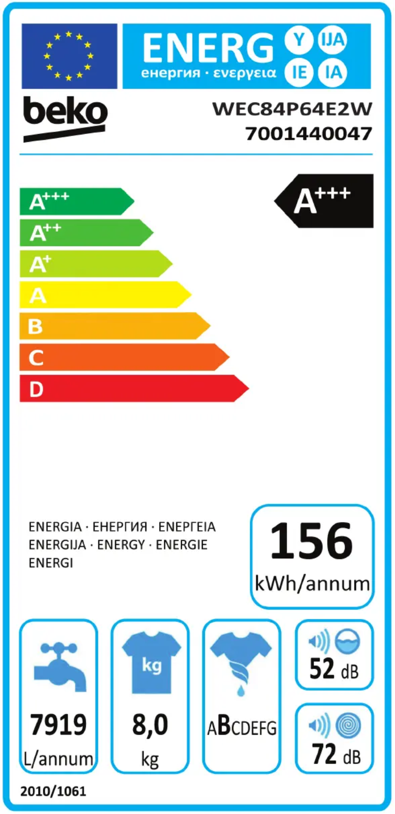 Page 1 de la notice Label énergétique Beko WEC84P64E2
