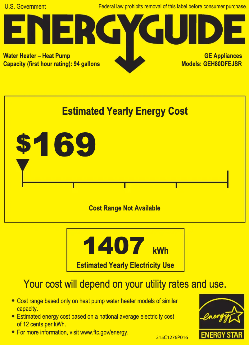 Page 1 de la notice Label énergétique GE GeoSpring H80DFEJSR