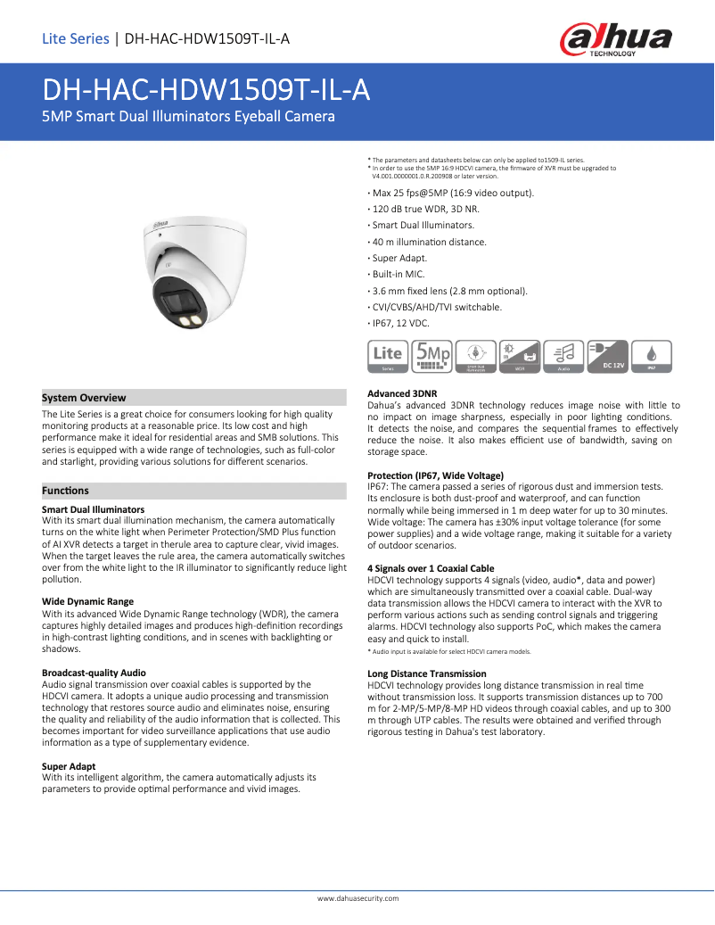 Page n°1 - Fiche technique Dahua Technology HAC-HDW1509T-IL-A