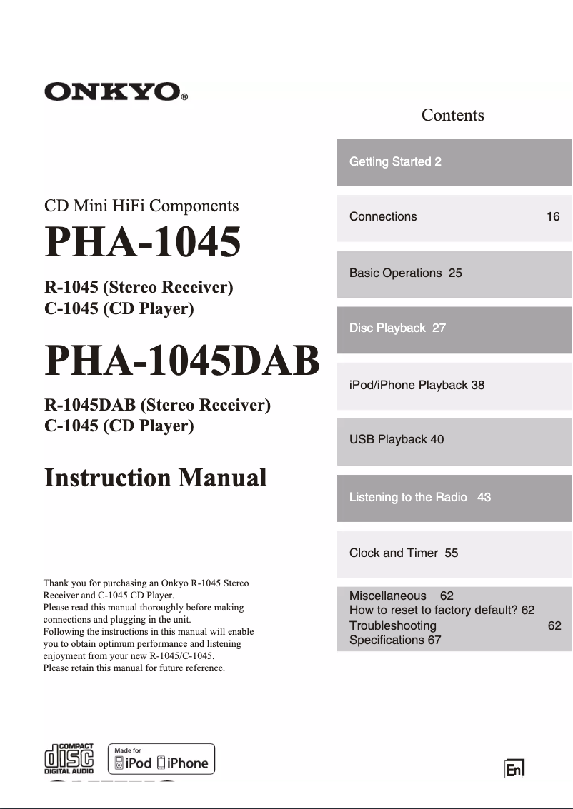 Page n°1 - Manuel utilisateur Onkyo C-1045