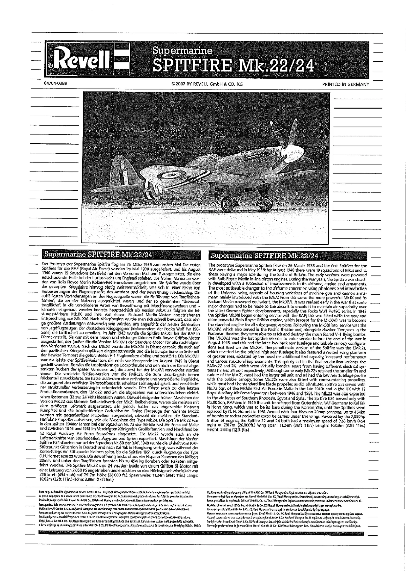 Page 1 de la notice Manuel utilisateur Revell Supermarine SPITFIRE Mk.22/24