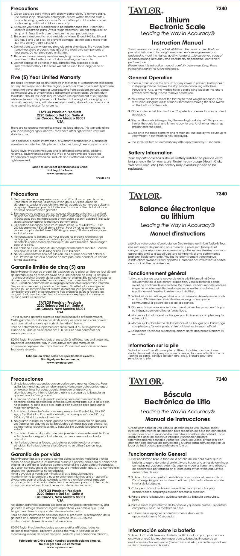 Page 1 de la notice Manuel utilisateur Taylor 7340B