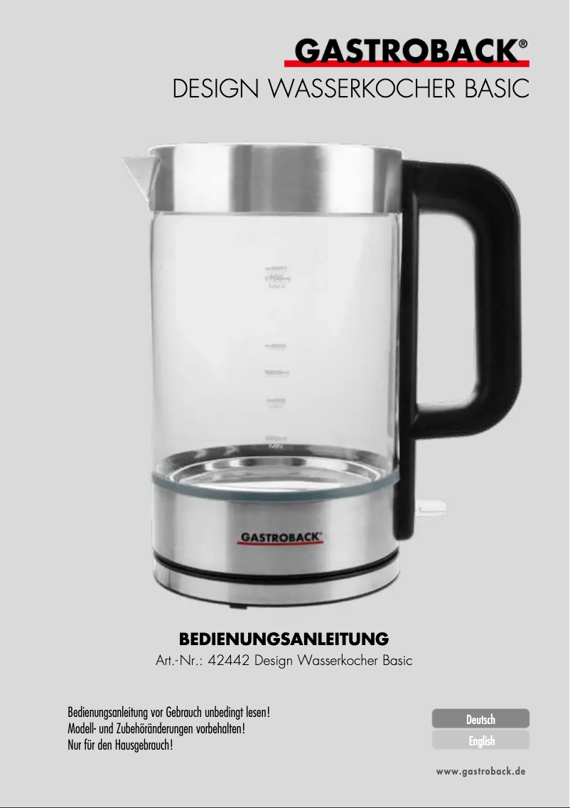 Page 1 de la notice Manuel utilisateur Gastroback Design Water Kettle Basic 42442