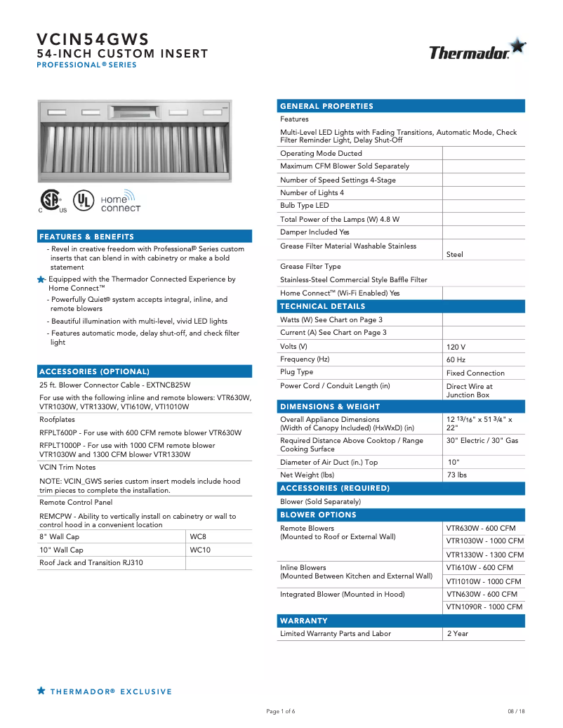 Page 1 de la notice Fiche technique Thermador VCIN54GWS