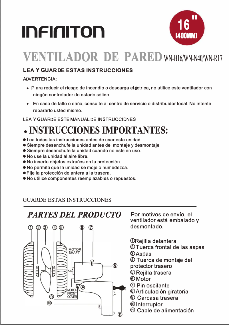 Page 1 de la notice Manuel utilisateur Infiniton WN-B16