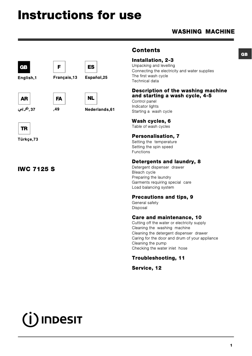 Page n°1 - Manuel utilisateur Indesit IWC 7125 S (EU)