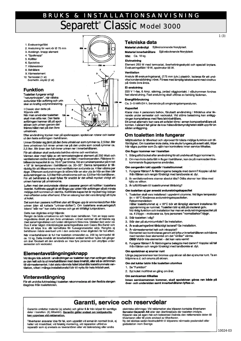 Page 1 de la notice Manuel utilisateur Separett Classic 3000