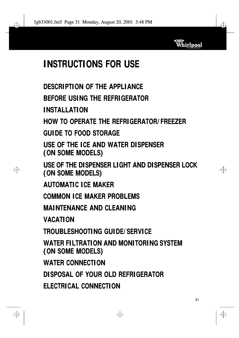 Page 1 de la notice Manuel utilisateur Whirlpool ART 686/M/YE/LH