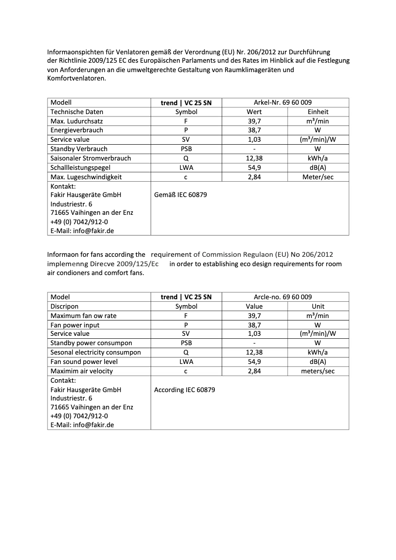 Page 1 de la notice Label énergétique Fakir Trend VC 25 SN