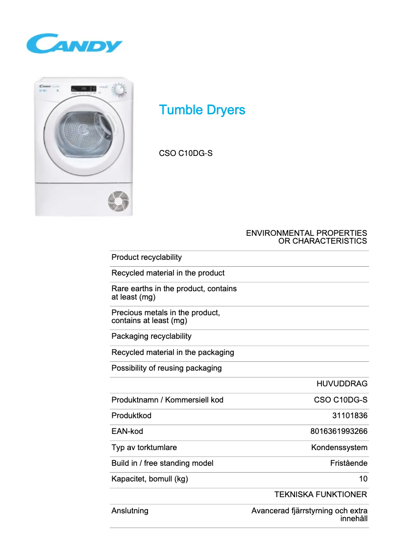 Page 1 de la notice Fiche technique Candy CSO C10DG-S