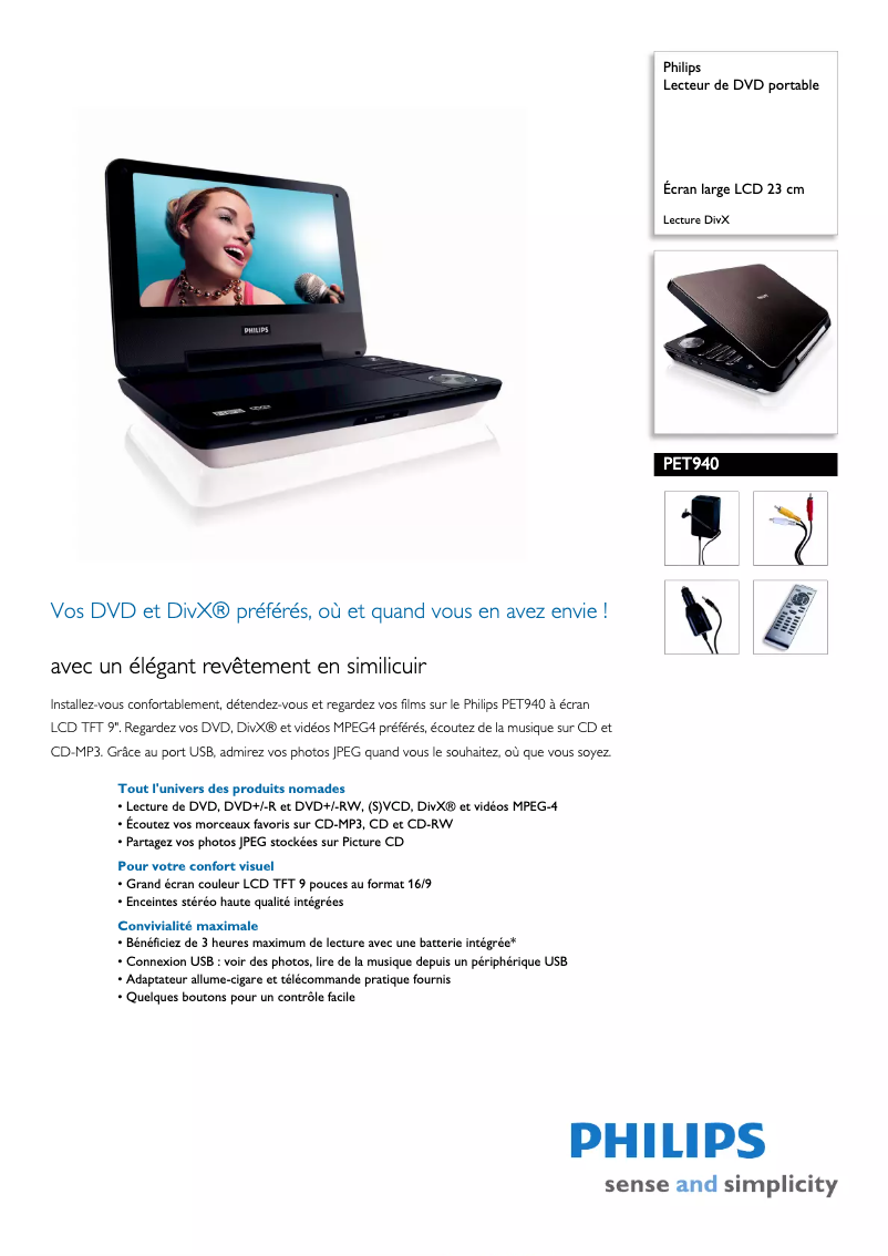 Page 1 de la notice Fiche technique Philips PET940