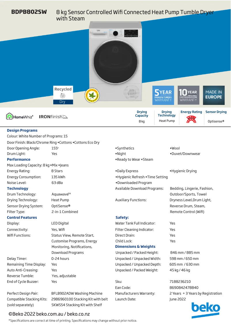 Page n°1 - Fiche technique Beko BDPB802SW