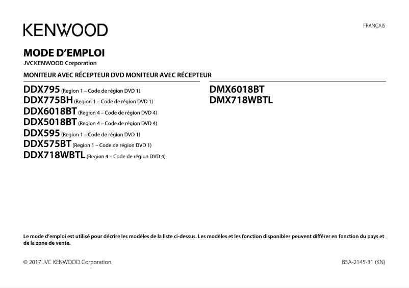 Page 1 de la notice Manuel utilisateur Kenwood DDX775BH